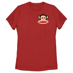 Get lost in the bright and colorful world of Paul Frank with all new officially licensed apparel featuring your favorite playful and happy characters from Planned Pines past and present! This classy women's graphic t-shirt features a portrait of the iconic Julius the Monkey printed on the left chest of the shirt. Grab one of these sweet new tees today and let your imagination run wild with these pop culture icons! Funny Red Tops With Cartoon Print, Funny Red Top With Character Print, Funny Red Tops With Character Print, Red Crew Neck T-shirt With Cartoon Print, Red Fun T-shirt With Funny Print, Fun Red T-shirt With Funny Print, Red T-shirt With Funny Print, Red Novelty Cotton T-shirt, Funny Red Fan Merchandise Tops