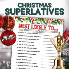 a christmas superalves list with ornaments around it