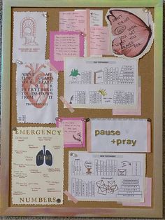 a bulletin board is covered in papers and magnets with words on them that read, emergency pause & pray