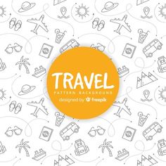 travel pattern background with hand drawn doodles on white and orange color, suitable for use in the webpage or print