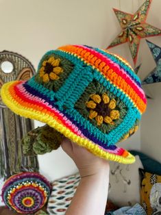 Rainbow Sunflower Hatone Size Flower Sun Hat Rainbow Sun - Etsy Multicolor Brimmed Mini Hats In Yarn, Multicolor Crochet Summer Hat, Summer Crochet Multicolor Hats, Hand Knitted Mini Hats For Beach, Handmade Colorful Crochet Hat For Beach, Adjustable Multicolor Knitted Sun Hat, Bohemian Multicolor Yarn Bucket Hat, Playful Crochet Hat For Beach, Playful Beach Crochet Hat