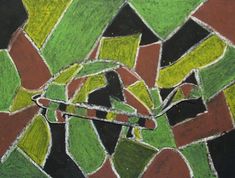 an abstract painting with green, red and black colors