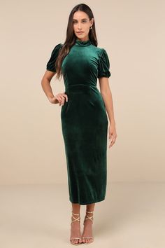 Emerald Velvet Dress - Puff Sleeve Dress - Backless Midi Dress - Lulus Fitted Knee-length Holiday Dress, Fitted Knee-length Dress For Holidays, Green Formal Tailored Midi Dress, Emerald Velvet Dress, Knot Tie Dress, Tea Length Prom Dress, Emerald Velvet, Short Graduation Dresses, Dress Stores