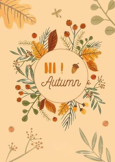 an autumn card with leaves and acorns