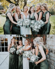 a group of women standing next to each other in front of a brick wall holding bouquets