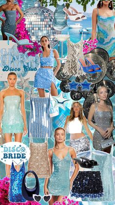 miami bachelorette party | mama mia theme | miami outfits & aesthetic, glue, white, silver, sequin dresses, sparkly, glitter, mini dress, sparkly dress, sequin dress, sequin bag, blue bag, embellished heels, Mamma Mia, disco, ocean, Greece, Miami, bachelorette girls, outfit, inspiration, clubbing outfit, going out theme Mama Mia Theme, Bachelorette Party Outfit Themes, Bachelorette Outfit Themes, Donna And The Dynamos, The Dynamos, Abba Outfits, Miami Bachelorette, Miami Bachelorette Party