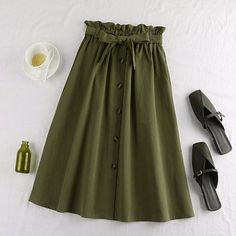 Midi Knee Length Elegant Button High Waist Skirt – lastrafashion Green Buttoned Skirt For Summer, Casual Solid Color Belted Skirt, Casual Green Buttoned Skirt, Belted Solid Color Skirt For Summer, Solid Belted Summer Skirt, Solid Colored Summer Skirt With Belt, Casual Green Skirt With Buttons, Jane Outfits, Pleated School Skirt