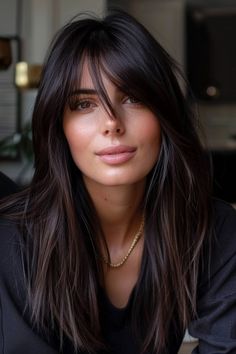 45 Stunning Examples of Long Hair With Bangs - Flo's Blog Bangs With Long Hair Highlights, French Bangs Black Hair, Long Dark Hair With Extensions, Side Part Fringe Long Hair, Bangs With Long Nose, 2024 Haircut Long, Shoulder Length Hair With Curtain Bangs Brunette, Dark Brown Hair With Curtain Bangs And Layers, Mandy Moore Hair Bangs