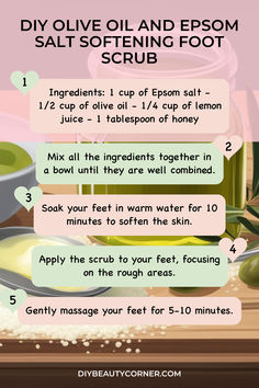 DIY Olive Oil and Epsom Salt Softening Foot Scrub to Remove Dead Skin Diy Olive Oil, Epson Salt, Epsom Salt, Diy Homemade