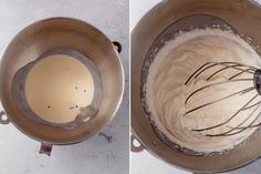 two pictures showing how to make batter in a pot with an electric whisk