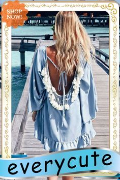 Tassel Low Back Bell Sleeve Beach Mini Dress Spring Beachwear Cover-up With Fringe, Beach Cover-up With Back Tassel Tie-up, V-neck Beach Dress With Tassels For Vacation, Long Sleeve Fringe Cover-up For Vacation, Long Sleeve Fringe Beach Cover-up, Chic Beach Cover-up With Fringe, Beach Cover-up Dress With Tassel Ties, Chic Fringe Beach Cover-up, Summer V-neck Cover-up With Tassels