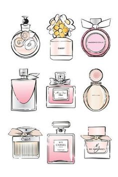 size: 18x12in Art Print: Perfume Set by Martina Pavlova : Perfume Art, Bottle Drawing, Chanel Perfume, Perfume Set, Watercolor Flowers Paintings, 자수 디자인, Luxury Perfume, Miss Dior, Watercolor Flower