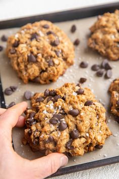 a person is holding an oatmeal chocolate chip cookie