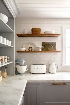 the kitchen counter is clean and ready to be used for baking or other cooking purposes