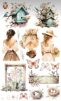 a bunch of pictures with birds and flowers on them, including two women in hats