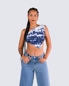 An everyday look that will be perfect for anywhere you go 💙 Take on the day knowing you look better than the rest in this set featuring a multi print one-shoulder top, paired with wide-leg blue jeans 😏 Summer Sleeveless Cotton One Shoulder Top, Versatile Blue Summer Crop Top, Versatile Blue Crop Top For Summer, Trendy Cropped One-shoulder Top For Spring, Trendy Cropped One Shoulder Top For Spring, Trendy One-shoulder Crop Top For Summer, One Shoulder Crop Top For Summer Day Out, Summer One-shoulder Crop Top For Day Out, Summer Casual Asymmetrical Crop Top