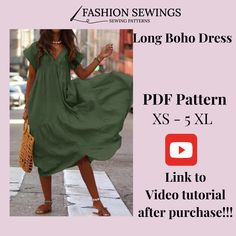 PATTERNS OFFER: GET 16 PATTERNS BUNDLE AND PAY FOR 6. GET 2 BLOUSE PATTERNS WITH DISCOUNT. GET 4 DRESSES PATTERNS BUNDLE WITH DISCOUNT. GET 5 SKIRTS PATTERNS BUNDLE PAY FOR 4 AND GET 3 TOP PATTERNS FOR FREE. GET 4 TOP PATTERNS BUNDLE E GET FOR  3 SKIRT PATTERNS FOR FREE. Link to my store: https://www.etsy.com/it/shop/FashionSewings PDF Digital Sewing Pattern Long Boho Dress with  Sleeve. Summer dress pattern. Large/Plus size patterns. Woman PDF sewing printable pattern. Sewing Pattern Dress. This pattern is a beginner sewing level pattern. All styles 1 cm sewing allowance. WHAT YOU GET: SEWING INSTRUCTIONS! *Download includes the digital pattern files. *9 Sizes Included: XS-S-M-L-XL-2XL-3XL-4XL-5XL.       It means:            UK sizes: 8-10-12-14-26-18-20-22-24.            EU sizes: 36-38- Long Dress Pattern, Boho Dress Pattern, Boho Long Dress, Casual Beach Outfit, Long Dress Patterns, Plus Size Patterns, Summer Dress Patterns, Boho Dresses Long, Pattern Dress Women