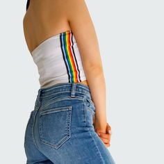 Tube Top Rainbow Detail 4 Way Stretch 97% Rayon 3% Spandex Rainbow Sleeveless Fitted Top, Rainbow Fitted Sleeveless Top, Fitted Rainbow Sleeveless Top, Fitted Rainbow Top For Spring, Lace Short Sleeve Top, Striped Long Sleeve Tee, Small Crop Tops, Black Tunic, Stripe Silk