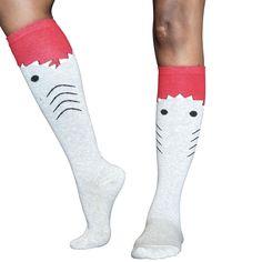 Unleash Your Wild Side With Our Funky And Crazy Shark Attack Knee High Socks. Made In Usa Size: Women's 7-11 Material: 80% Acrylic, 20% Nylon Length: 22" - 24" Before Stretched Shark Socks, White Thigh Highs, Polka Dot Socks, Argyle Socks, Heart Socks, Green Socks, Funky Socks, Thigh High Socks, Birthday List