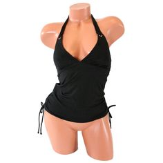 Hula Honey New With Tags Shimmer Ribbed Halter Tankini Swimsuit Top Black Size Xs Juniors Hula Honey's Ribbed Tankini Top Is A Breezy, Beach-Ready Pick Designed With Halter Straps And A Deep V-Neck. Removable Cups Pull-On Styling; Halter Straps V-Neck Lined Shell: Polyester/Spandex; Lining: Polyester Machine Washable Imported Stretch Halter Neck Beachwear Tops, Seamless Fitted Beachwear Tops, Fitted Halter Neck Beachwear Top, Stretch Elastane Beachwear Tops, Stretch Elastane Tops For Beachwear, Fitted Casual Tankini In Solid Color, Black Stretch Beachwear Tops, Fitted Seamless Black Tankini, Fitted Black Seamless Tankini