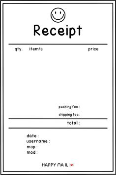 a receipt with the words receipts on it and a smiley face drawn in black ink