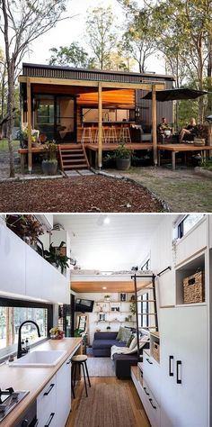 two pictures side by side showing the inside and outside of a tiny house with stairs leading up to it