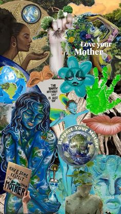 the collage is made up of many different things and colors, including flowers, leaves,