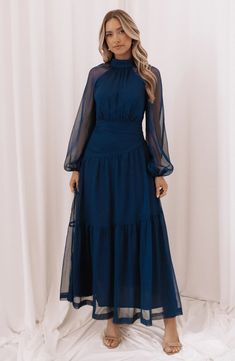 Petal & Pup Julip Long Sleeve Tiered Maxi Dress | Nordstrom Long Sleeve Winter Wedding Guest Dress, Modest Formal Dress, Long Sleeve Wedding Guest Dresses, Wedding Swimwear, Winter Wedding Guest Dress, Maxi Dress Designs, Sheer Long Sleeve, Resort Dresses, Essential Dress