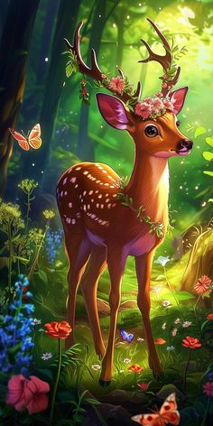 a deer standing in the middle of a forest with flowers on its antlers and butterflies flying around