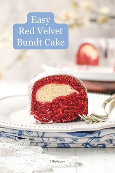 a red velvet bundt cake on a white plate with a blue and white napkin