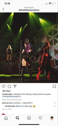 an instagram page with two women in costume on stage