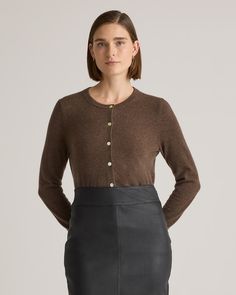 With a slim, cropped fit for a modern take on the cardigan silhouette, this super soft cashmere has a timeless look that is both layerable and able to be worn solo. We've upgraded it to be smoother, cozier, and more substantial than ever, with less pilling. Our quality cashmere is incredibly long-lasting and three times as warm as wool, sourced sustainably and ethically. Read more on what makes it special in our Cashmere 101.  | Quince | Women's Mongolian Cashmere Cardigan Sweater in Brown, Size Everyday Fitted Cashmere Cardigan, Fitted Cashmere Fine Knit Cardigan, Fitted Cashmere Cardigan With Fine Knit, Fitted Fine Knit Cashmere Cardigan, Boyfriend Sweater, Boyfriend Cardigan, Classic Cardigan, Womens Cashmere, Duster Cardigan