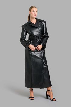 Black faux leather classy trench coat with wide shoulders and shoulder pads. Sleeves are decorated with belts, belt loops, and exserted stitches. Free worldwide shipping! Delivery time: 6-8 days Leather Aesthetic, Faux Leather Trench Coat, Wide Shoulders, Leather Trench, Leather Trench Coat, Cape Coat, 8 Days, Black Faux Leather, Coat Dress