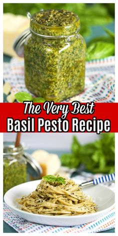 the very best basil pesto recipe in a jar on a plate with pasta and parsley