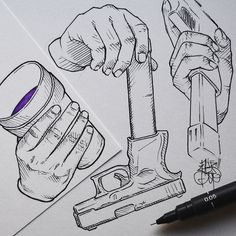 a drawing of some tools on paper next to a pen and inking pencils