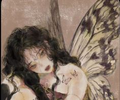 a painting of a woman with tattoos on her chest and wings over her shoulder, hugging