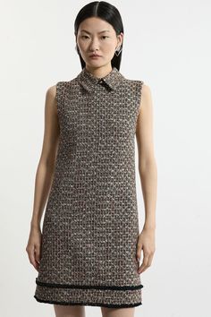 Elevate Your Evening Wardrobe With Our Mini Dress, Made With Boucle, Flecked With Shimmering, Metallic Details. The Straight Silhouette Is Ultra Comfortable And Easy To Wear, While The Collared Neckline Elevates The Formality. Style It With Strappy Heels For An Occasion Look That Is Guaranteed To Turn Heads Wherever You Step. Boucle Tailored Collared Sleeveless Dress High Quality, Textured Boucle Fabric Subtle Metallic Detailing Formal, Collared Neckline Straight Silhouette Matching Pieces Sold Dresses Tall, Petite Work Outfits, Petite Wedding Guest Dresses, Plus Size Workwear, Outfits Petite, Petite Coat, Black Tie Dress, Loungewear Jumpsuit, Plus Size Coats