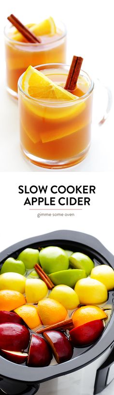 the slow cooker is filled with apples and oranges, cinnamon sticks, and apple cider