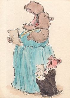 a drawing of a hippopotamus sitting on top of a woman