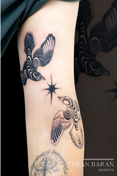 two birds flying next to each other on a woman's arm with stars in the background