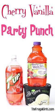 there is a bottle of soda and two bottles of water next to each other with the words cherry vanilla party punch on it