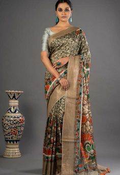 Tassar munga silk saree  Manjusa digital print  With blouse  Length 6.4m Bohemian Raw Silk Saree With Printed Motifs, Bohemian Raw Silk Saree With Kalamkari Print, Tussar Silk Saree With Digital Pallu Prints, Raw Silk Saree With Printed Motifs For Navratri, Navratri Raw Silk Saree With Printed Motifs, Bohemian Slub Silk Saree With Printed Motifs, Multicolor Printed Motif Slub Silk Saree, Bohemian Slub Silk Saree With Printed Border, Multicolor Slub Silk Saree With Printed Motifs