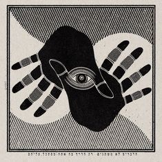 a black and white drawing of an eye in the middle of two hands with circles around it