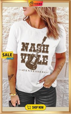 White Nashville Country Music Theme Graphic Tee Spring Band Logo Graphic Tee, Spring Music-themed Letter Print Tops, Fall Music-themed Graphic Print T-shirt, Spring Music-themed Crew Neck T-shirt, White T-shirt For Concerts In Fall, White T-shirt For Fall Concert, Nashville Country Music, Nashville Country, Country Music