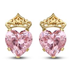 These splendid stud earrings feature heart-cut pink cubic zirconia topped with a swirling crown crafted in brilliant 14K yellow gold. The earrings secure with friction backs. Pink Earring Stud, Heart With Crown Necklace, Pink Pierced Heart Earrings For Anniversary, Heart With Crown, Crown Pink, Swift Concert, Heart Crown, Gold Book, Pink Accessories