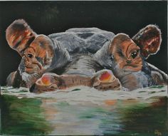 a painting of two elephants in the water with their trunks hanging over them's head