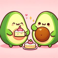 two avocados are eating cake on a pink background, one is holding a piece of cake