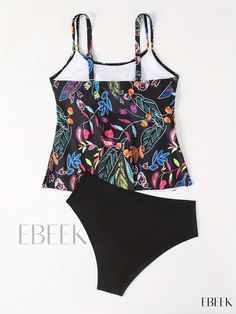 Ebeek - Womens Tummy Control Tankini: Floral Print 2 Piece Set, Black Stretchy Swimsuit for Beach Pool Bathing - Swimwear & Clothing Black Floral Print Tankini For Pool, Black Floral Print Tankini For Beach Season, Black Printed Tankini For The Beach, Printed Black Tankini For Swimming, Floral Print Black Tankini For The Beach, Fitted Black Floral Print Tankini, Black Floral Print Sleeveless Tankini, Black Printed Sleeveless Tankini, Printed Black Tankini Beachwear