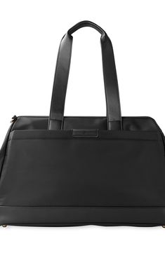 Whether you’re traveling with baby or flying solo, this style-packed weekend bag makes it easy to organize all your essentials.Closure: Two-way top-zip closure.Exterior features: Top carry handles; removable crossbody strap; luggage sleeve converts to zip pocket.Interior features: The wide frame opening stays put as you pack, while a fold-up divider gives you the option of an extra compartment inside. Has 14 pockets, including interior insulated bottle pockets.Special features: Includes padded c Travel Diaper Bag With Luggage Sleeve And Double Handle, Modern Diaper Bag With Luggage Sleeve For Travel, Versatile Travel Diaper Bag With Double Handle, Travel Tote Diaper Bag With Zipper Closure, Functional Black Diaper Bag With Zipper Closure, Modern Diaper Bag For Travel, Modern Gym Bag With Top Carry Handle For Travel, Black Diaper Bag For Travel, Black Nylon Diaper Bag For Travel