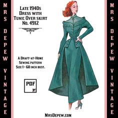 Vintage Sewing Pattern Template & Scale Rulers 1940s Dress With Tunic Overskirt any Size 4912 Draft at Home PLUS Size INSTANT DOWNLOAD - Etsy Vintage Holiday Sewing Patterns, Plus Size 1940’s, 1940s Hooded Dress, Stitching Clothes, Fantasy Clothes, Patron Vintage, French Pattern, Pattern Template, French Dress